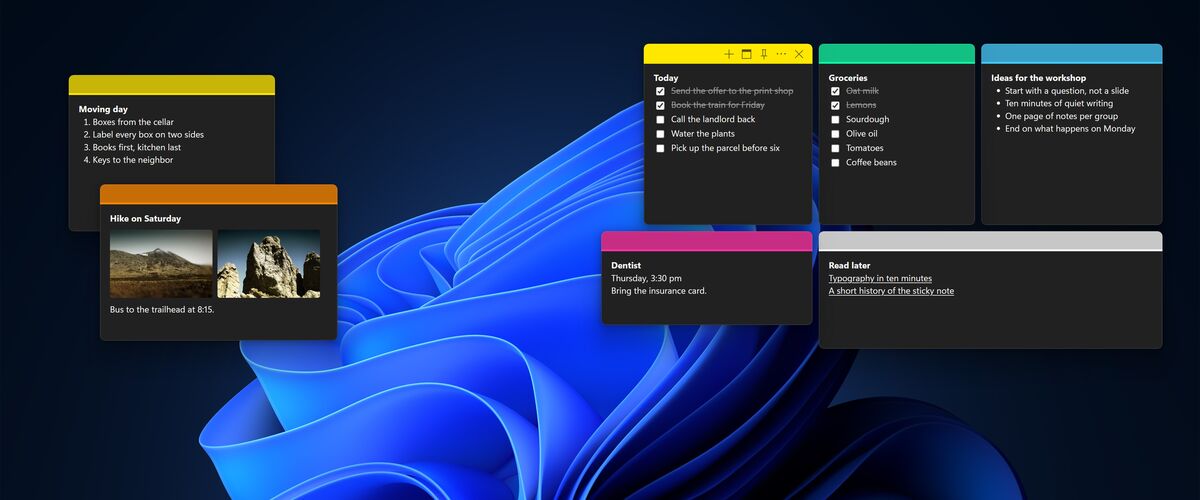 A Windows desktop in dark appearance with seven Stykk notes on it, their headers in yellow, orange, green, blue, pink and grey. Two are checklists with items crossed off, one is a numbered list, one holds two photographs, one holds two links. The note under the pointer shows its controls.